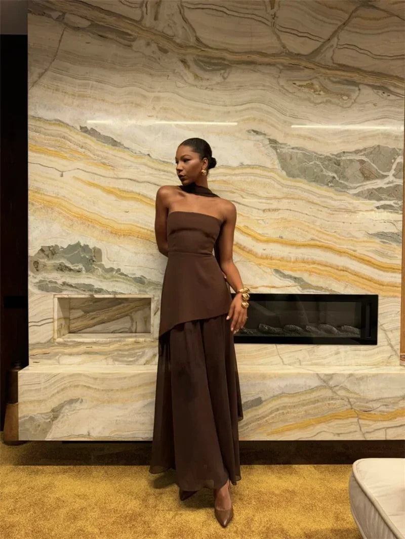 שמלת מקסי סטרפלס חלק תחתון שיפון בעיצוב שסע בעיטור צעיף תואם - Princess