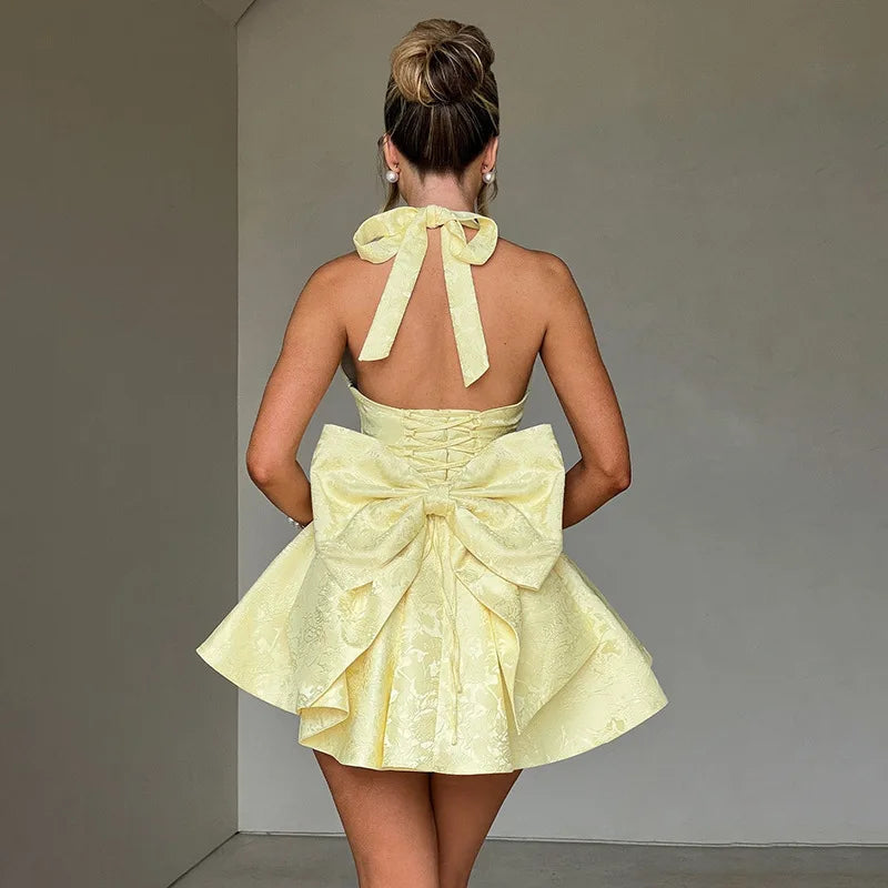 שמלת מיני רקמת איורי פרחים בגזרת A בעיטור פפיון בגב בעיצוב קשירה בגב להצמדה במותן וקשירה בצוואר - Pearl