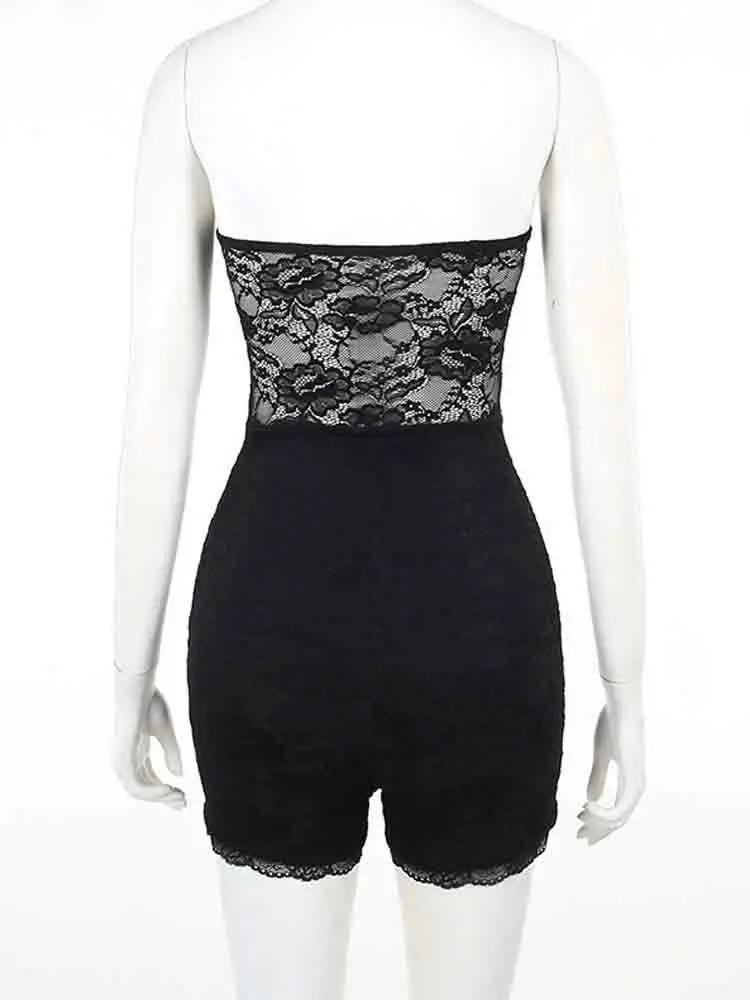 אוברול סטרפלס מכנסיים קצרים בעיטור מחוך תחרה - Alex