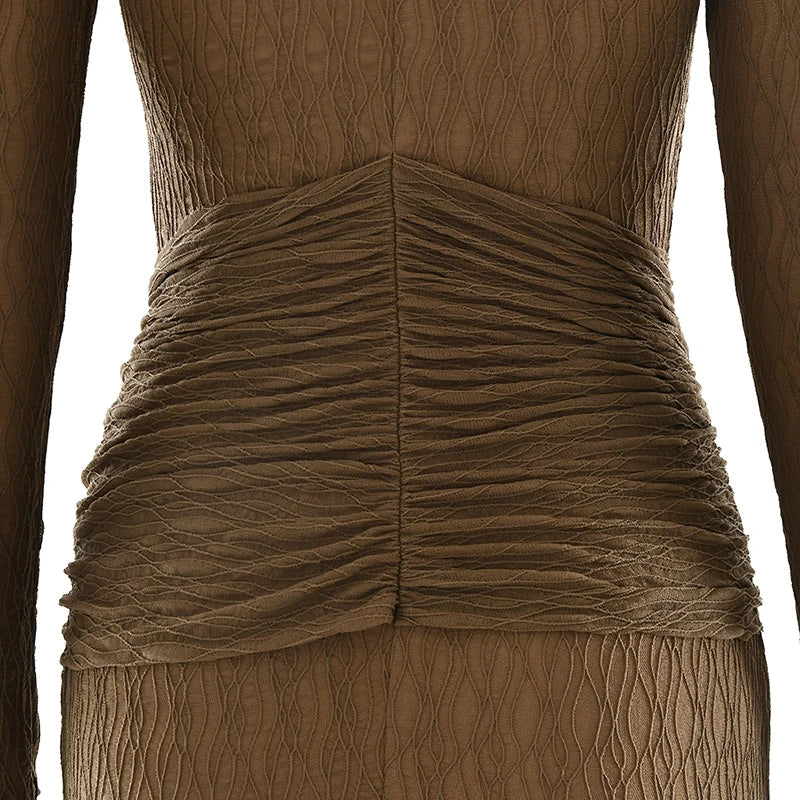 שמלת מקסי כיווצים בעיטור קשירה צווארון גולף - הלסי