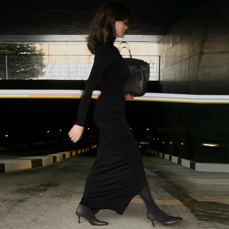 שמלת מקסי כיווצים צווארון גולף בעיטור שסע - Brianna