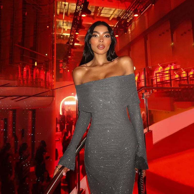 שמלת מקסי כתפיים חשופות בעיטור נקודות מנצנצות - LENA