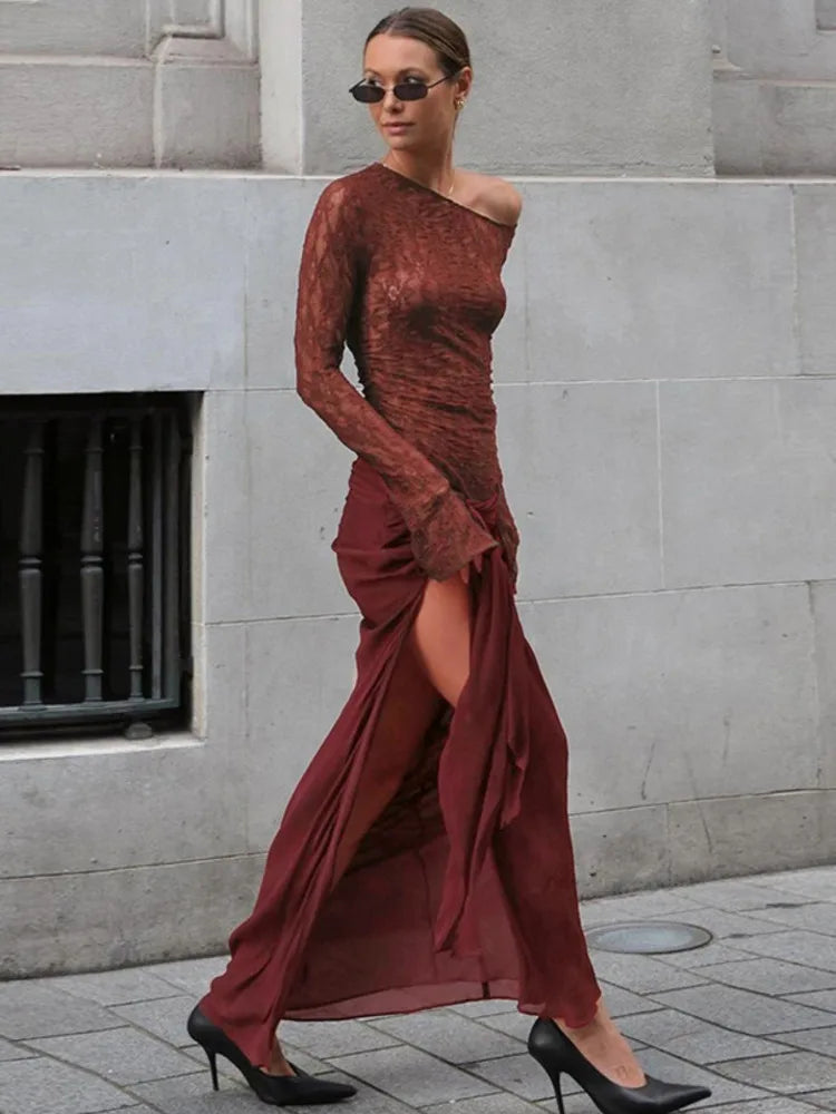 שמלת מקסי בעיצוב שסע ותחרה בעיטור קשירה - WINE