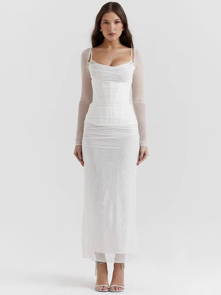 שמלת מקסי שיפון בגזרת מחוך בעיטור תחרה - סקרלט