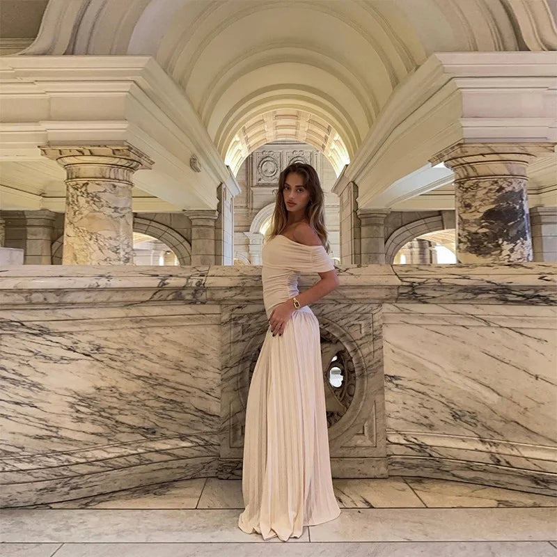 שמלת מקסי סרוגה כיווצים אלגנטית כתפיים חשופות - אלינור