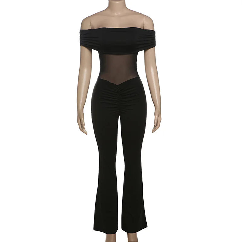 אוברול בד מחטב בעיצוב רשת וכתפיים חשופות מכנסי פדלפון - מאיילין