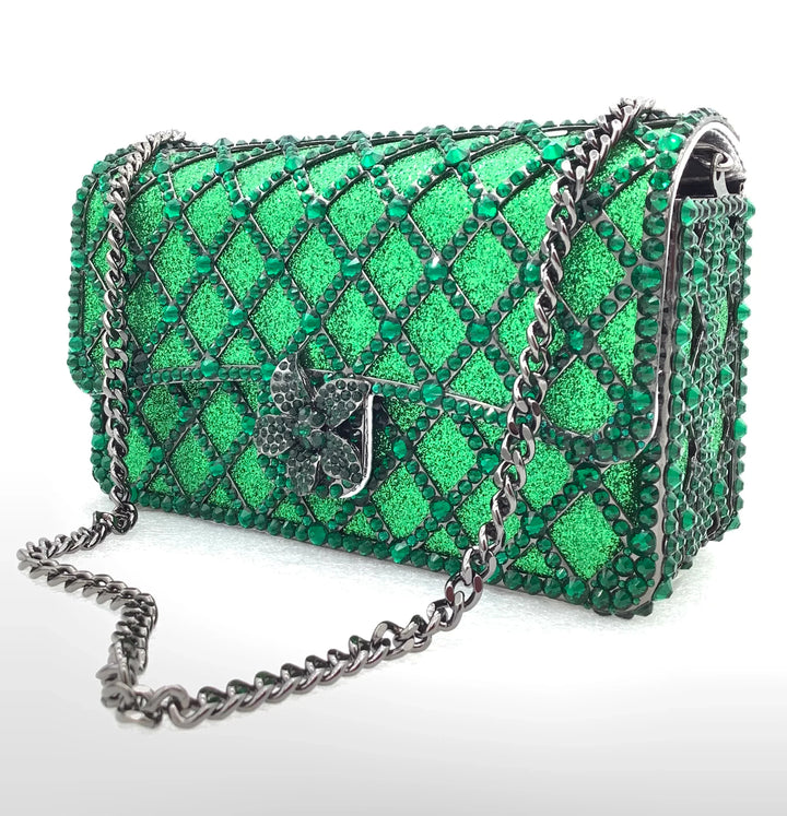 Sequin bag with diamond pattern and flower decoration