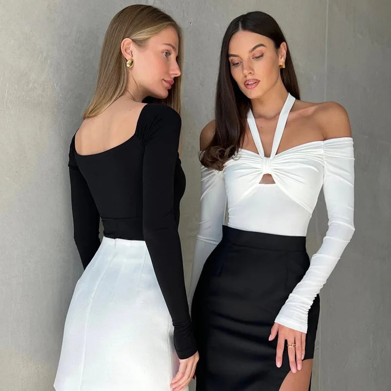 חולצה צמודה שרוול ארוך בשילוב קשירה בצוואר - פנלופי