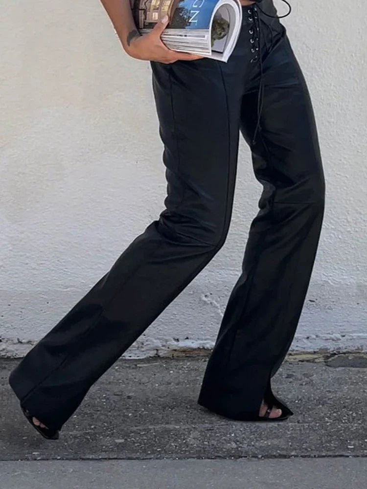 מכנס עור גזרה גבוהה בעיטור קשירה - מיי