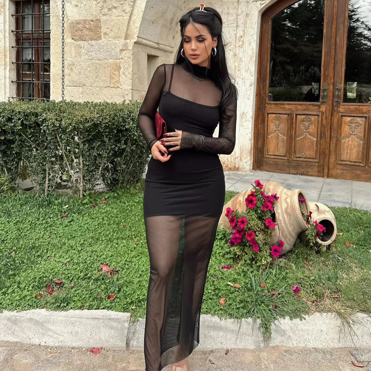 שמלת מקסי רשת בשילוב תחתית צווארון גולף - Isabella