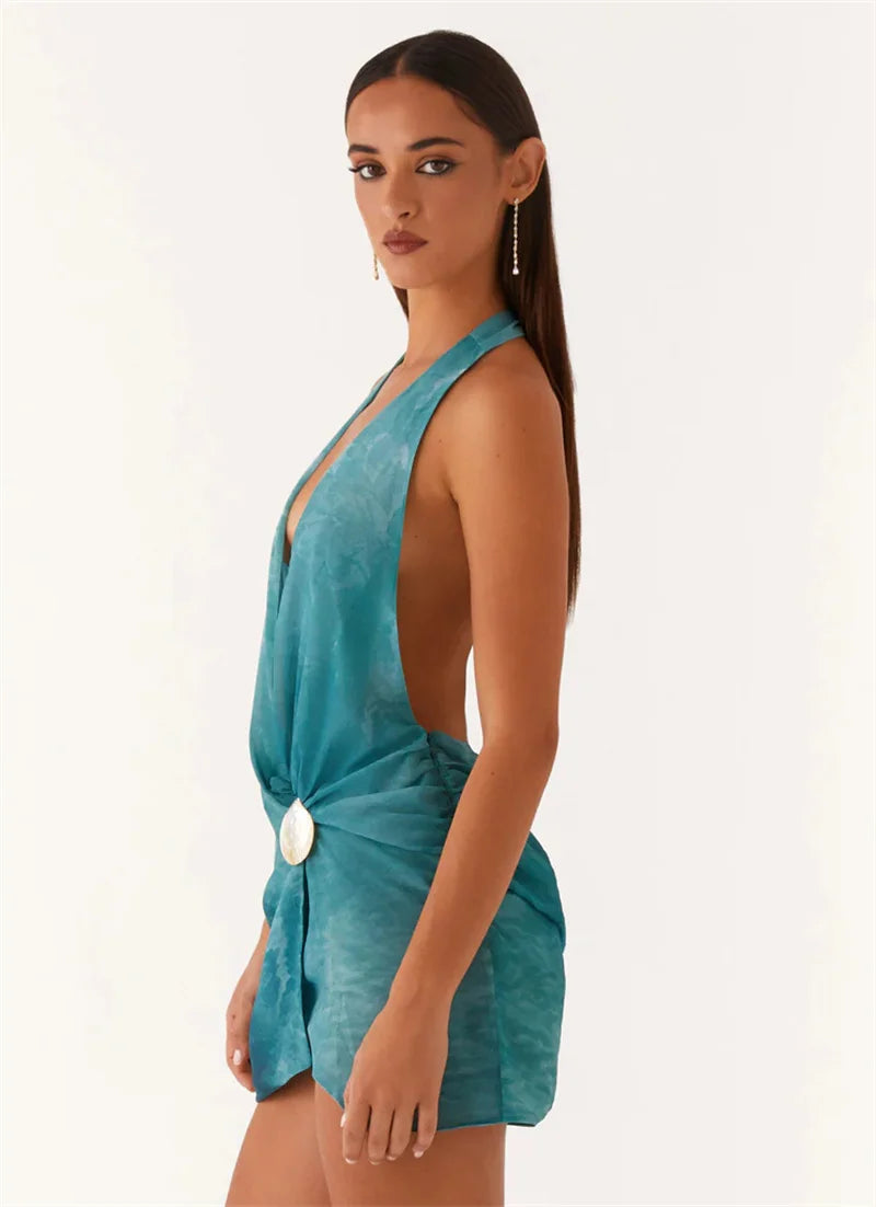 שמלת מיני קשירה בצוואר גב פתוח בעיטור צדפה - מייז