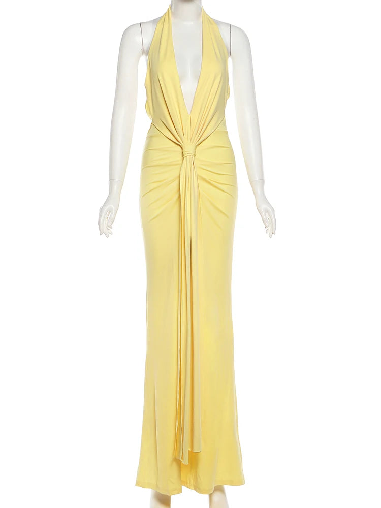 V-neck satin maxi dress with pleated design and open back - Shannon