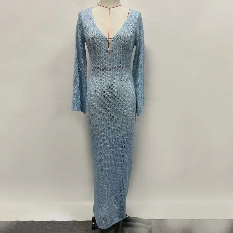 שמלת מקסי חוף סרוגה גב פתוח בעיטור סיכות פנינים - Lina