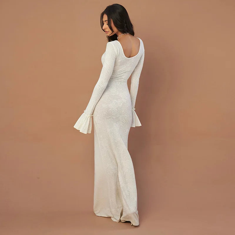 שמלת מקסי בעיטור רקמת פרחים שרוולי פעמון - הלן