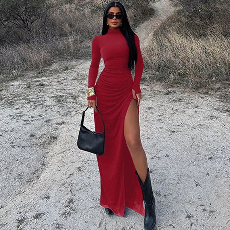 שמלת מקסי כיווצים צווארון גולף בעיצוב שסע עמוק - סאשה