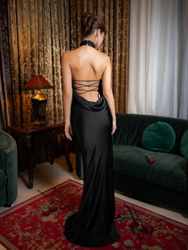 שמלת מקסי סאטן קולר גב פתוח - Aliya