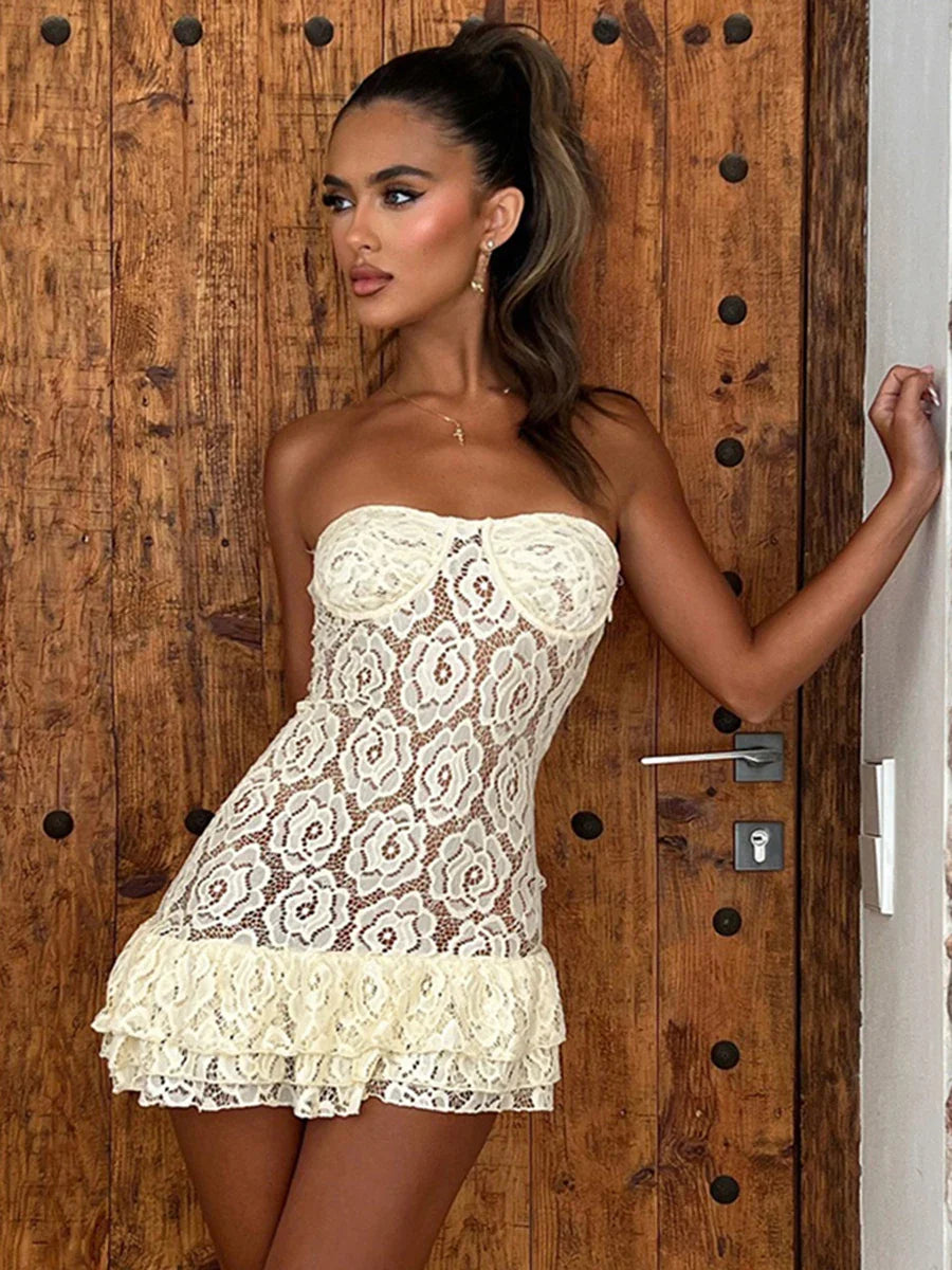 שמלת מיני סטרפלס תחרה מלמלה - Cecelia