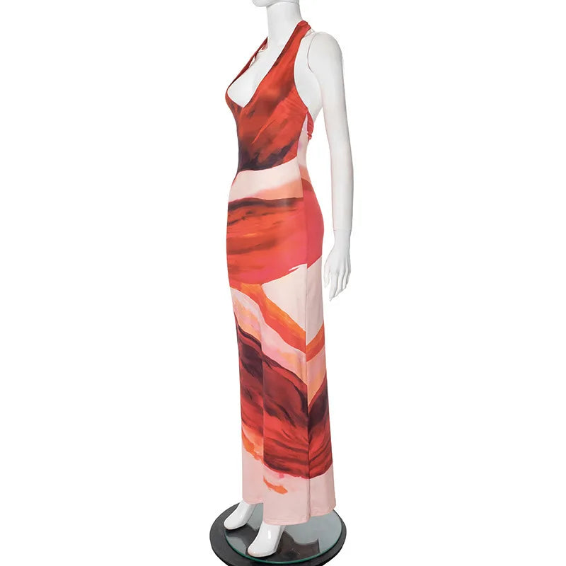 שמלת מקסי בהדפס צבעוני קשירה בצוואר גב פתוח - חוליה