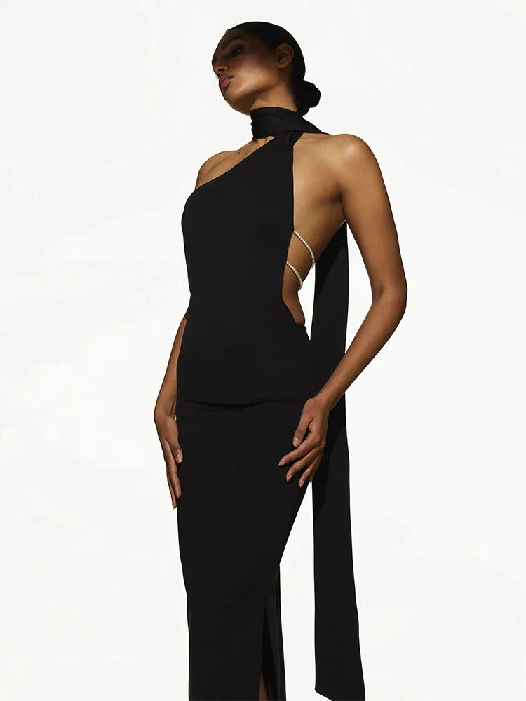 שמלת מקסי בעיטור שרשרת בגב קשירה בצוואר - Annalise