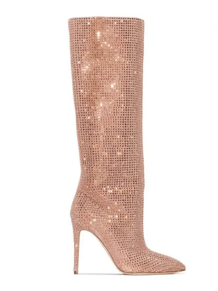 High-heeled pointed-toe boots with glittery rhinestones - Josie