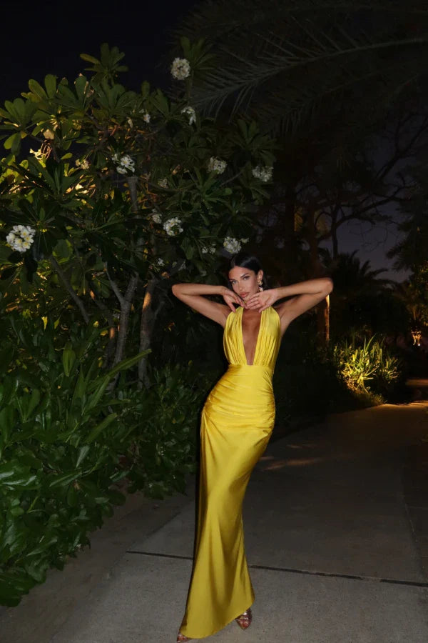 שמלת מקסי סאטן אלגנטית מחשוף עמוק קשירה בצוואר גב פתוח - SUN