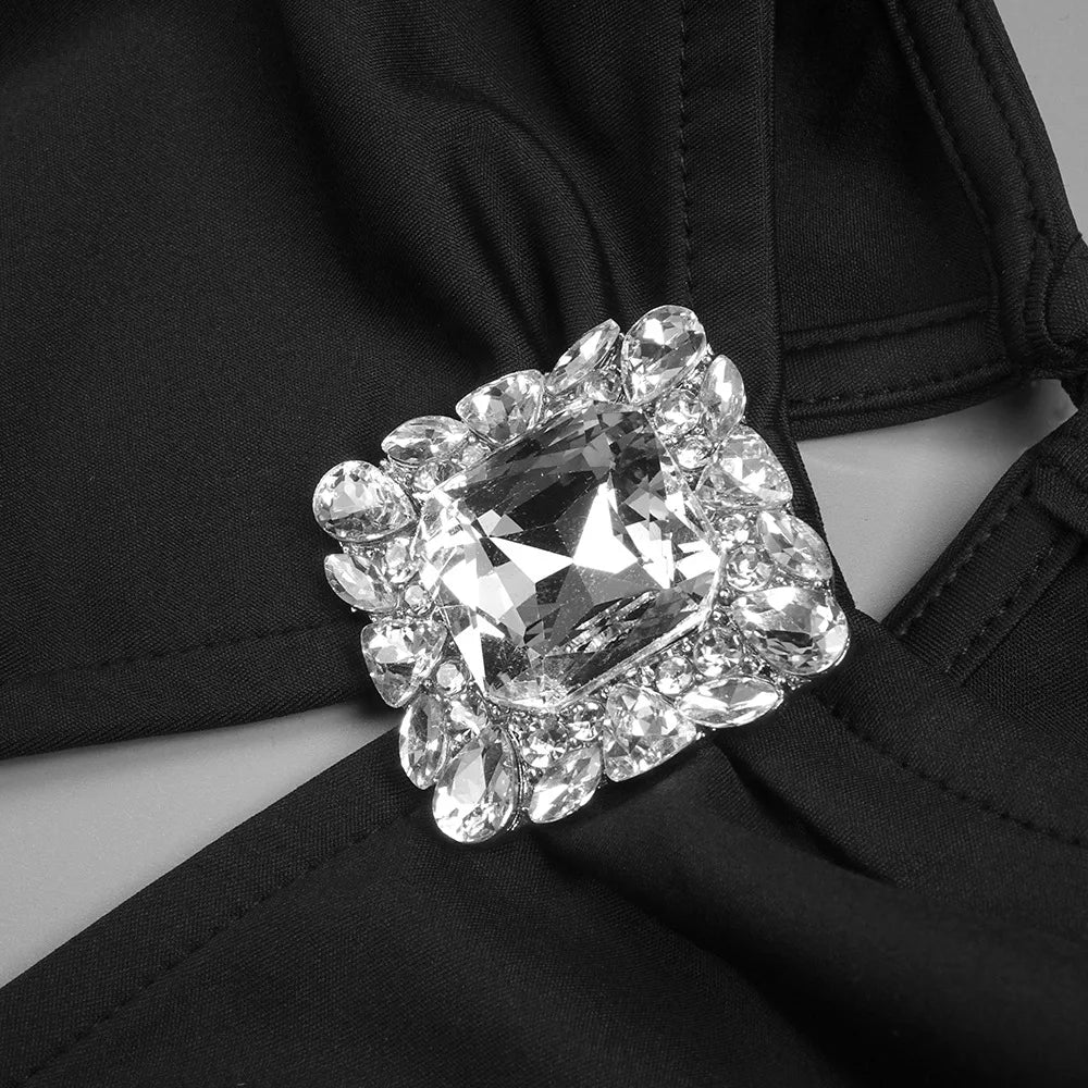 Maxi dress with a slit design and a mesh bodice with a diamond buckle - AMOR