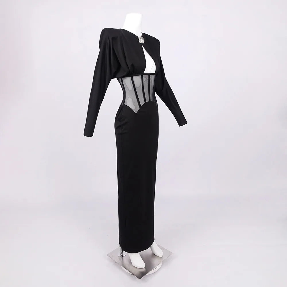 Maxi dress with a slit design and a mesh bodice with a diamond buckle - AMOR