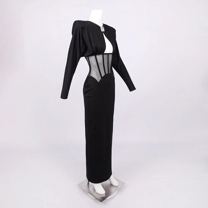 Maxi dress with a slit design and a mesh bodice with a diamond buckle - AMOR