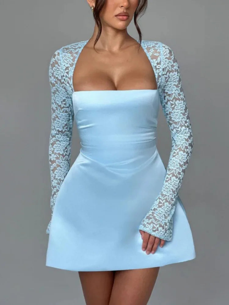 שמלת מיני סאטן שרוולי תחרה - פאר