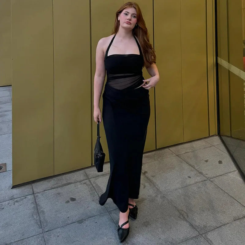 שמלת מקסי סאטן כיווצים בעיצוב רשת בחלק העליון גב פתוח - Arya