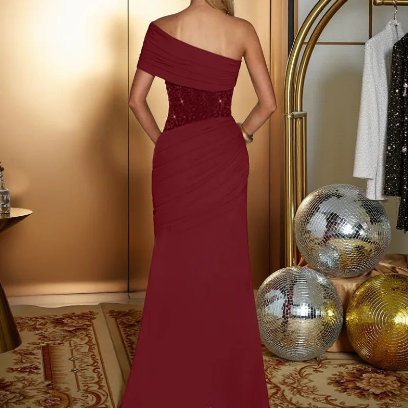 One-shoulder maxi dress with pleats and sequins - USA
