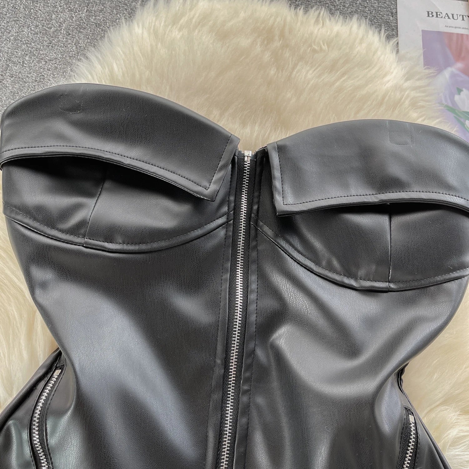 מחוך סטרפלס דמוי עור סגירת רוכסן קדמי - Carter