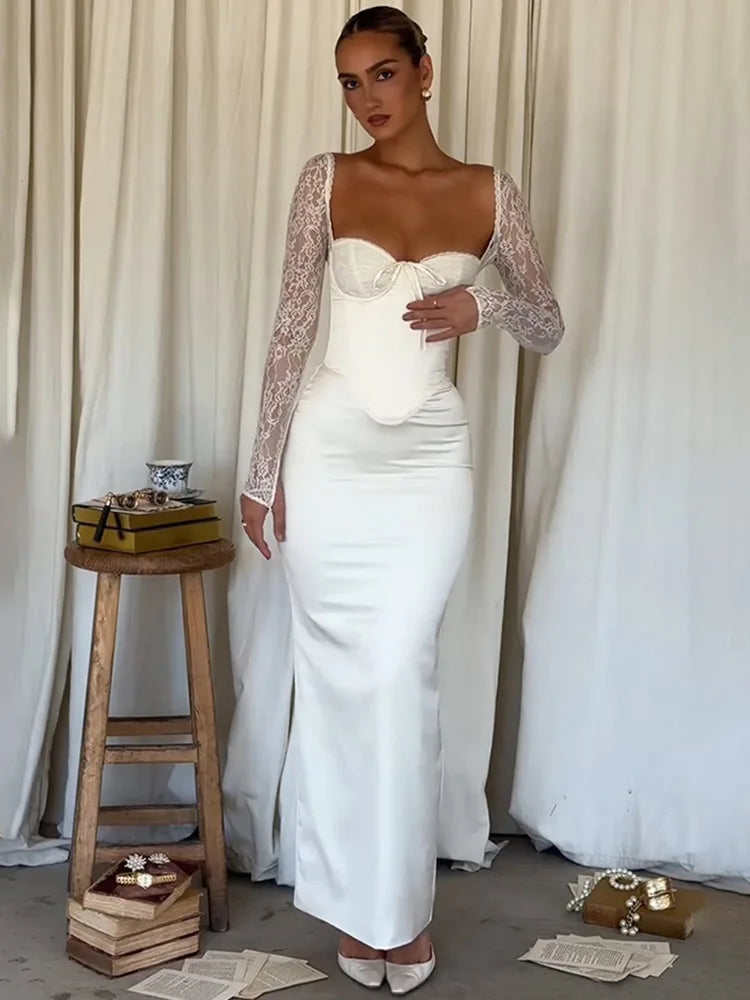 שמלת מקסי סאטן בעיצוב מחוך בעיטור תחרה - ג'ויה