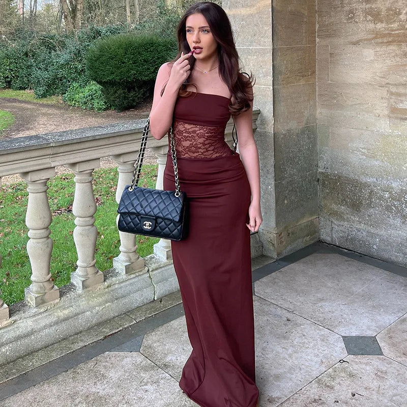 שמלת מקסי אלגנטית בעיצוב תחרה קשירה בכתפיות - Indigo