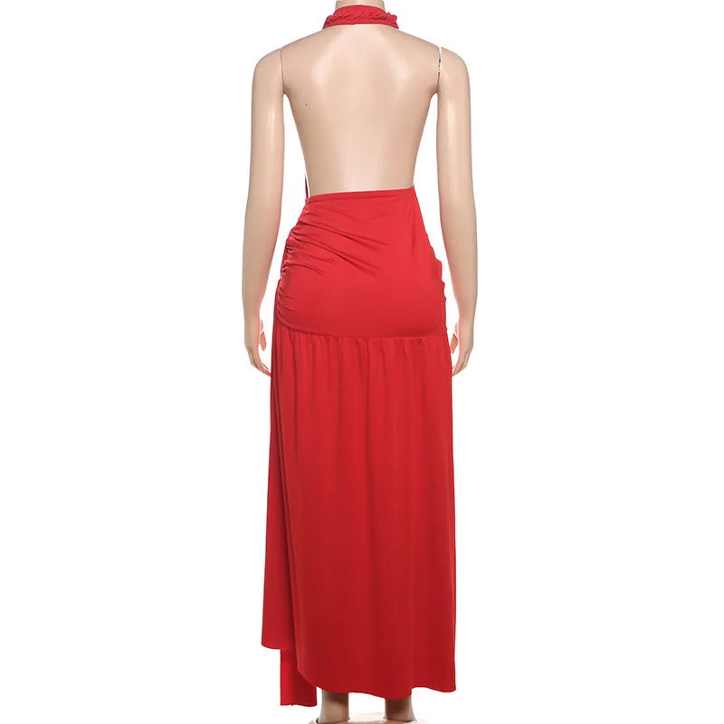 שמלת מקסי כיווצים בעיטור קשירה גב פתוח מחשוף V עמוק - פלג