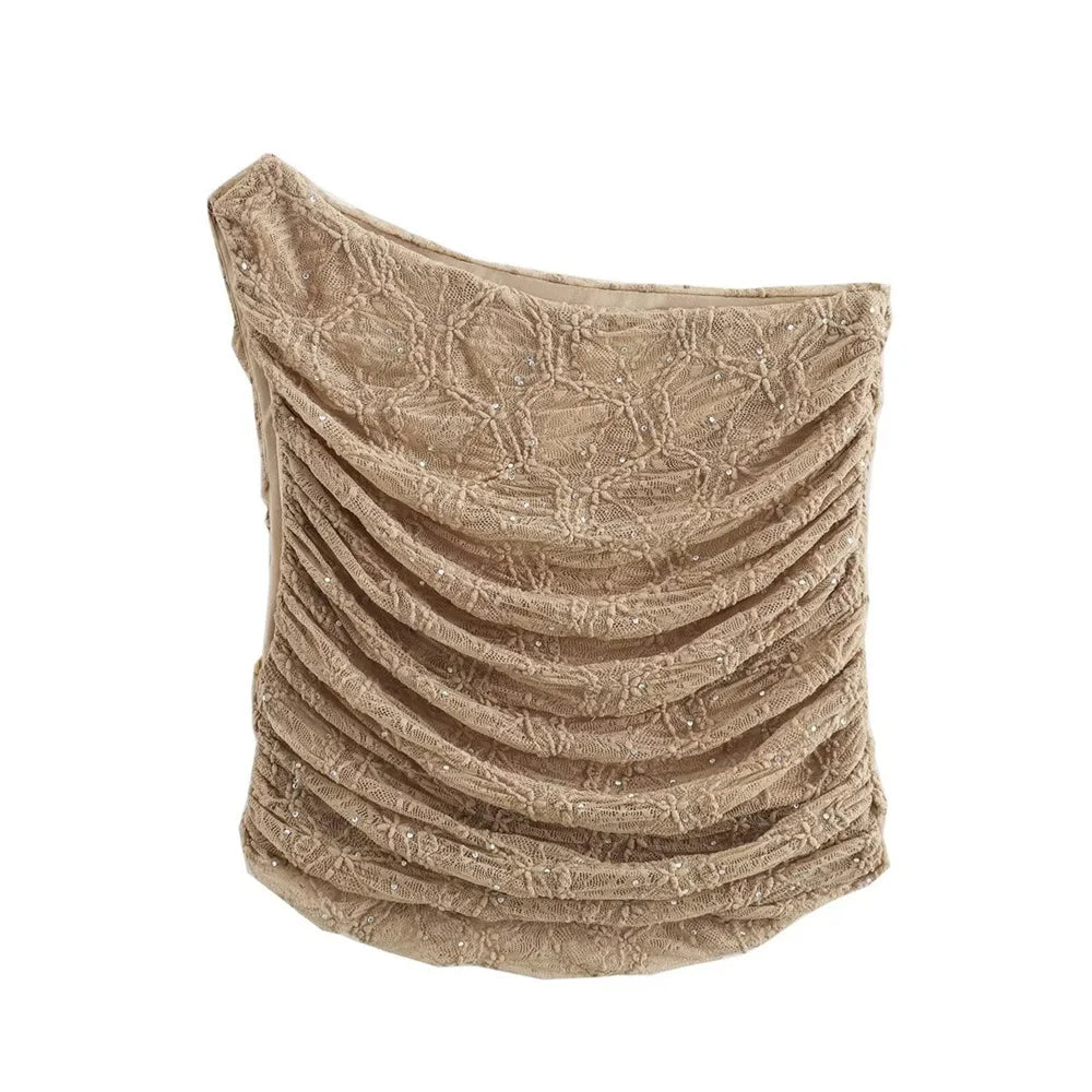 סט שני חלקים טופ כתפייה אחת וחצאית מידי בעיצוב קפלים תחרה בעיטור זרקונים - MELLISA