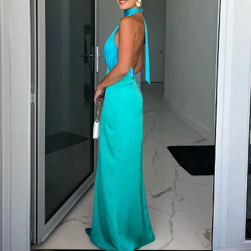 שמלת מקסי סאטן בצבעי ים טורקיז גב חשוף קשירה בצוואר מחשוף עמוק - סטלה