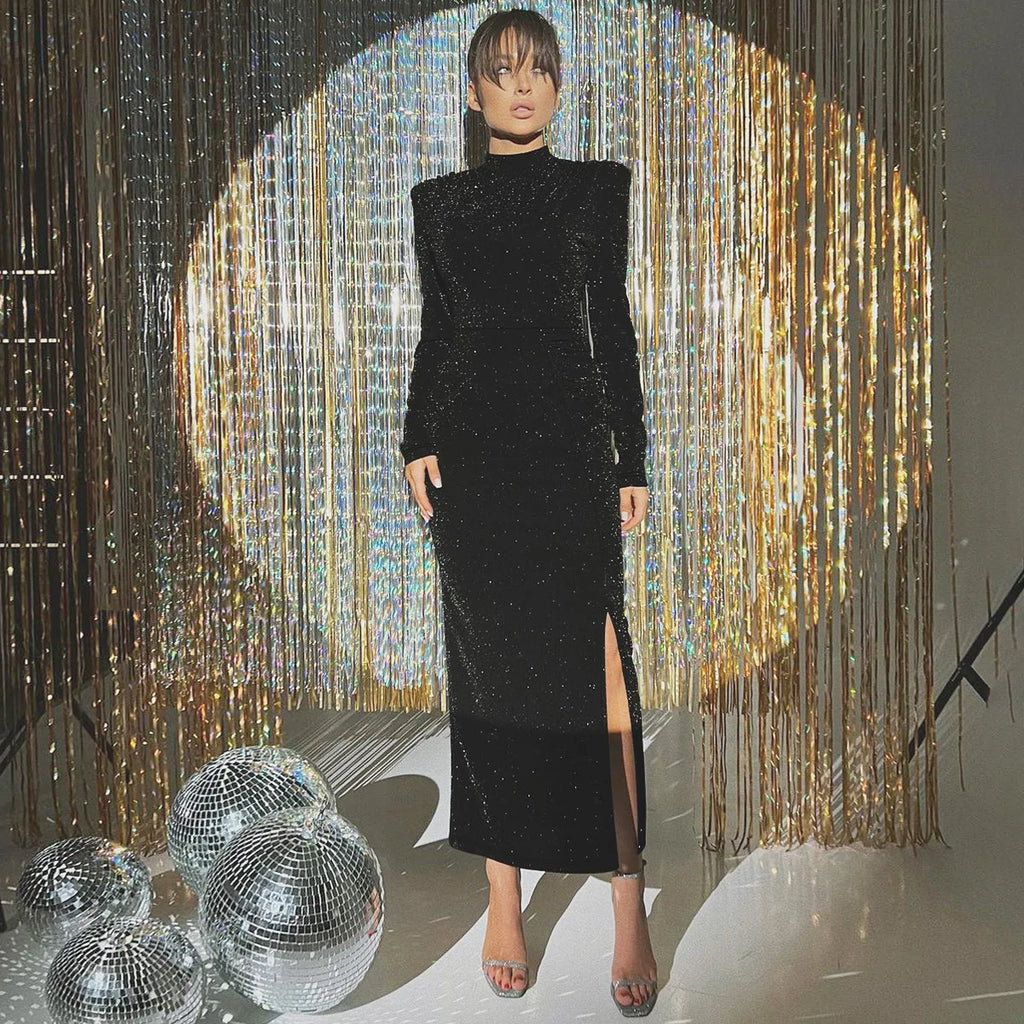 שמלת מקסי נצנצים צווארון חצי גולף בעיצוב כיווצים ושסע קצר - Hazel