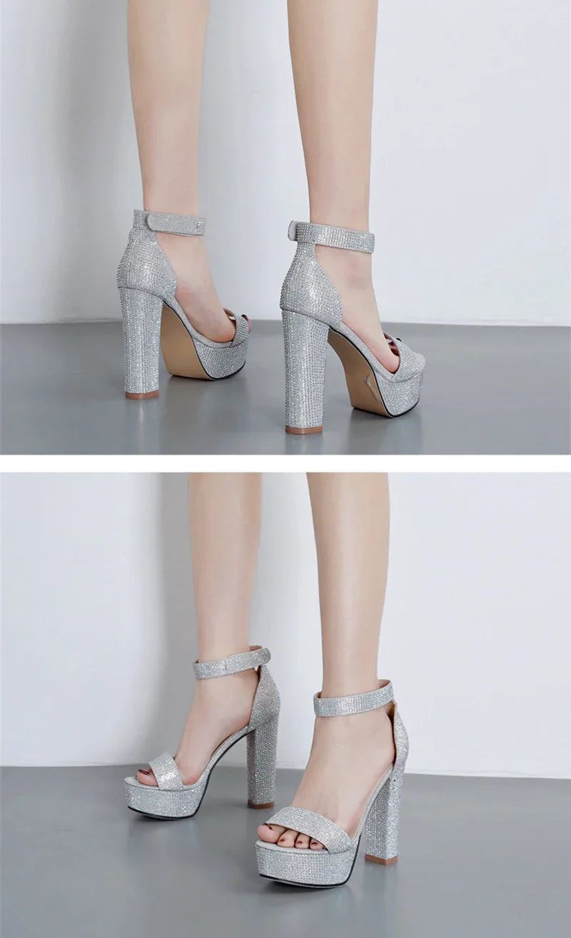 סנדלי עקב פלטפורמה בעיטור זרקונים מנצנצים - אבריל