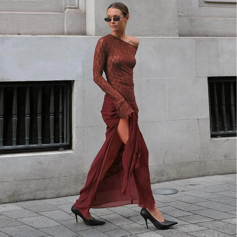 שמלת מקסי בעיצוב שסע ותחרה בעיטור קשירה - WINE