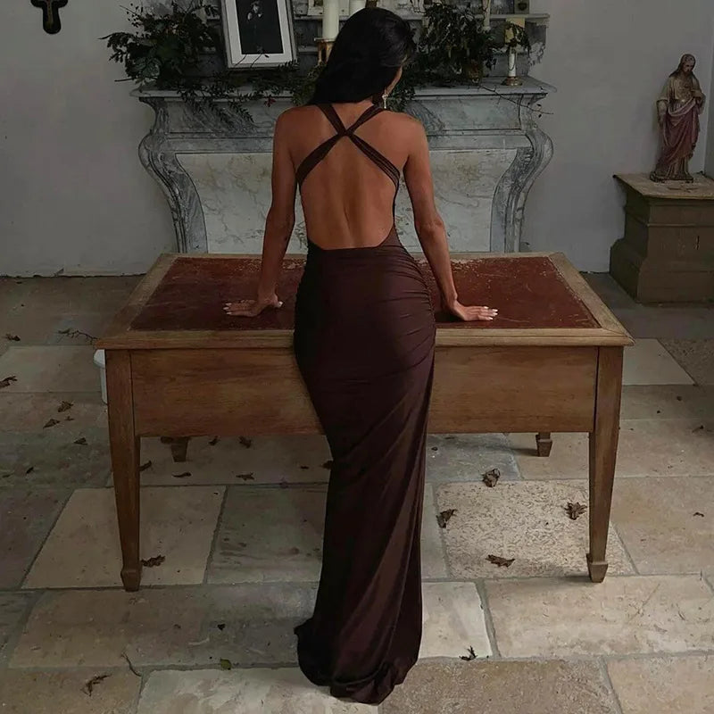 שמלת מקסי גב פתוח בעיטור אבזמים בכתפיות - גרייס