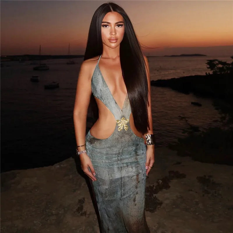 שמלת מקסי בעיצוב הדפס מיוחד בעיטור אבזם פרח - איירס