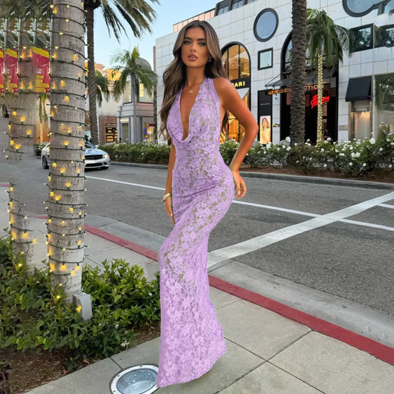 שמלת מקסי תחרה גב פתוח צווארון נופל - וניליה