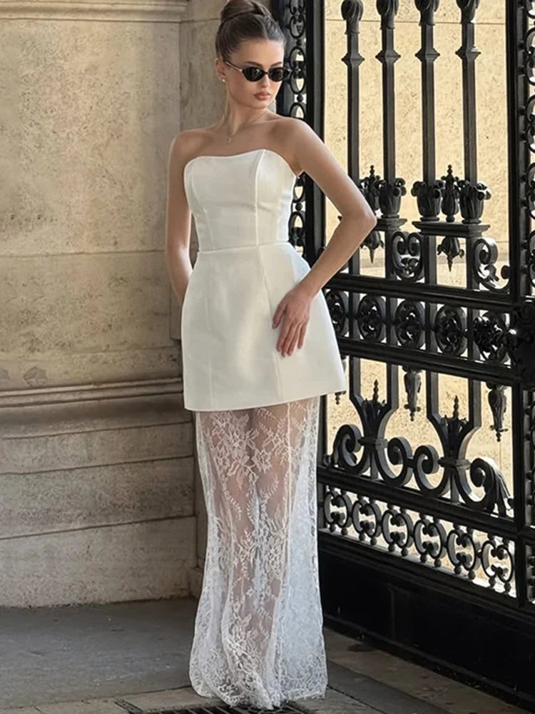 סט שני חלקים אלגנטי טופ סטרפלס וחצאית מקסי תחרה - ג'ולין