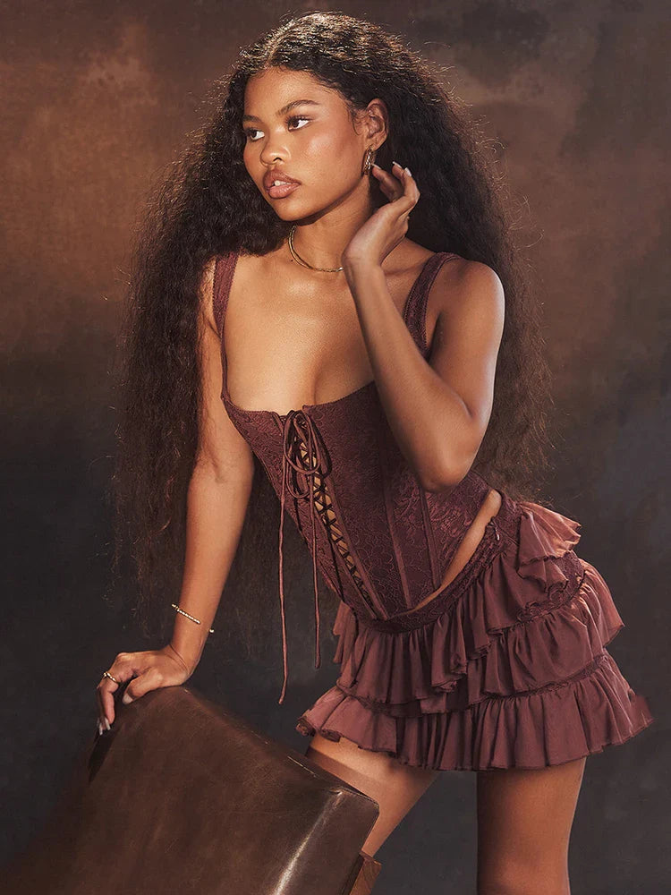 סט שני חלקים טופ מחוך קשירות וחצאית מלמלה מדורגת סטייל וינטג' - סורנטו