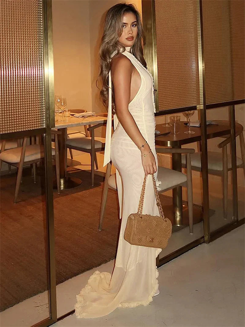 שמלת מקסי שיפון כיווצים מלמלה בעיצוב אסימטרי בעיטור צעיף תואם - מילקה