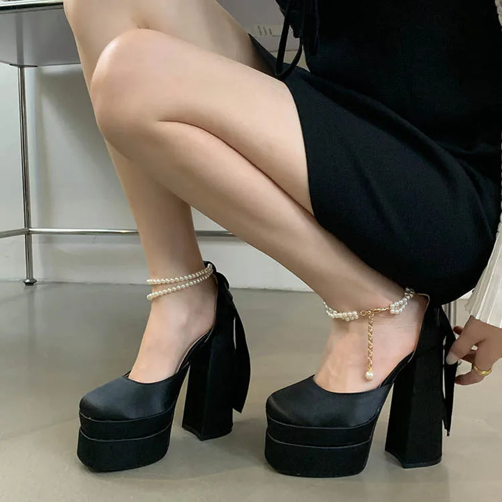 Silk satin high heel shoes decorated with pearls - Kelly