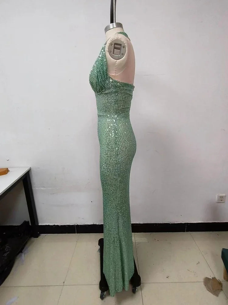 שמלת מקסי פייטים צמודה מחשוף עמוק - גרין