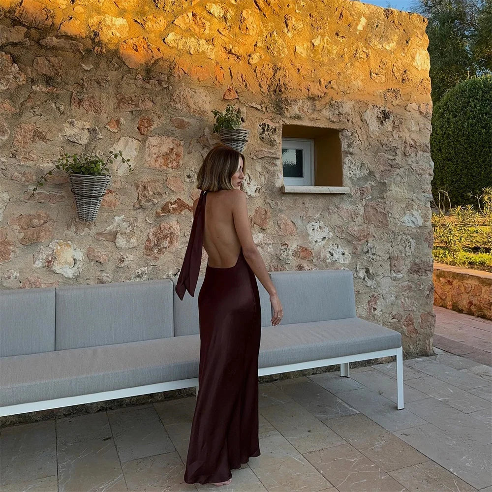 שמלת מקסי סאטן קולר גב פתוח - NURA