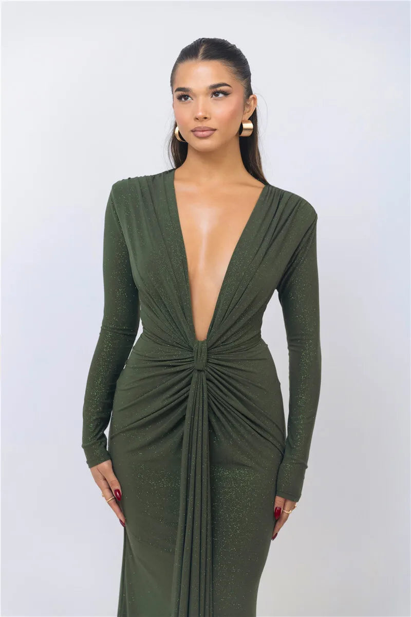 שמלת מקסי נצנצים בעיצוב כיווצים מחשוף V עמוק - אריקה